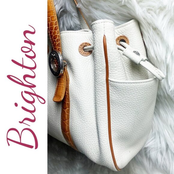 BRIGHTON White & Tan Pebbled Leather Satchel Shoulder Bag Croc Heart Detail - Picture 6 of 15